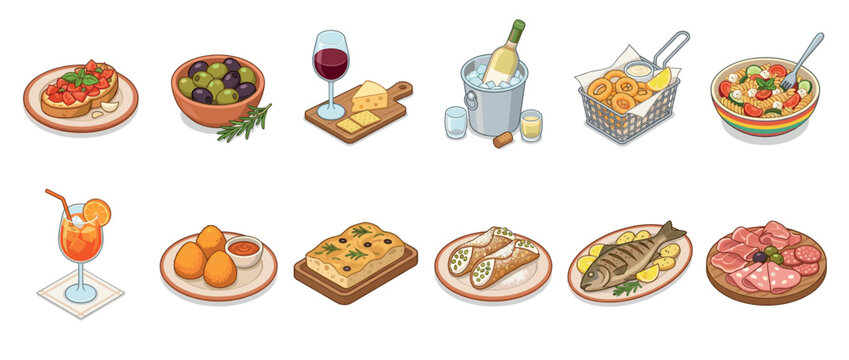 Delicious Italian food and drink collection featuring various traditional dishes, appetizers, and beverages in a charming cartoon style.
