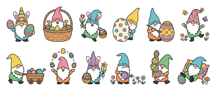 Adorable Easter gnomes collection featuring whimsical characters holding eggs, painting, and enjoying various spring activities.