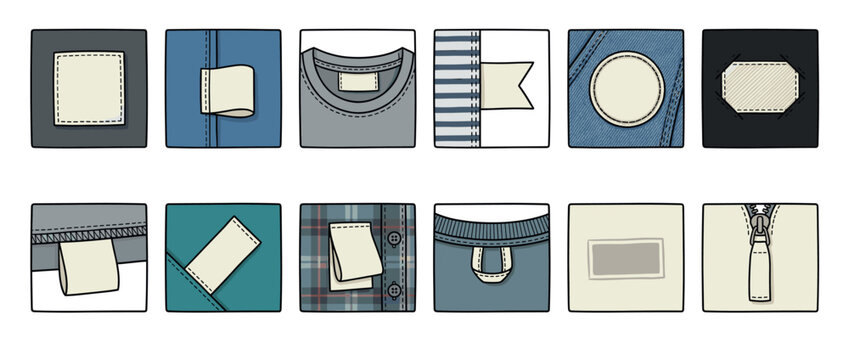 Collection of various clothing labels and fabric details, including sewn-on tags, denim, plaid, and zippers, in a hand-drawn illustration style.