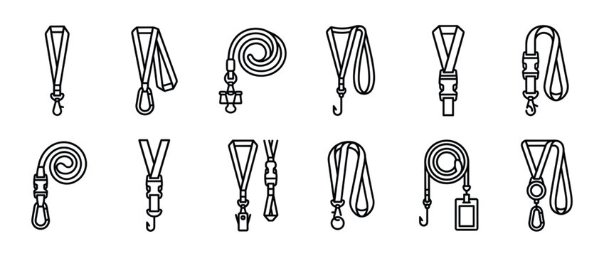 Set of outline lanyard icons featuring various designs, including hooks, clips, and buckles, suitable for web and print graphics.