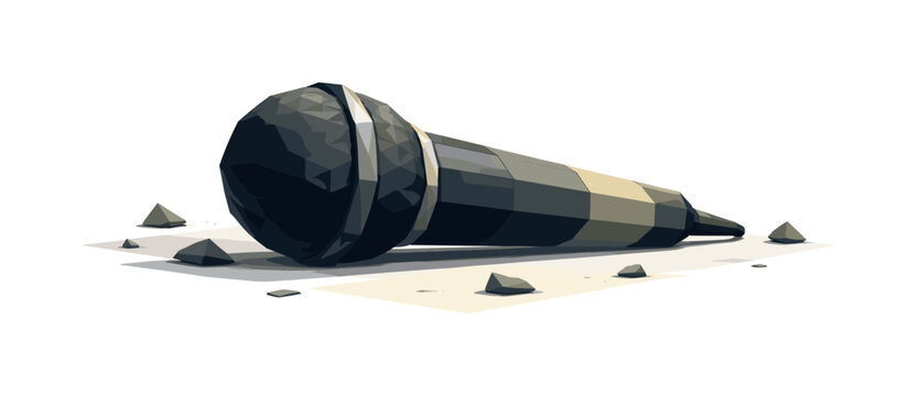 Low-poly vector illustration focused on microphone stage drop after the impact settles, geometric microphone resting on the stage