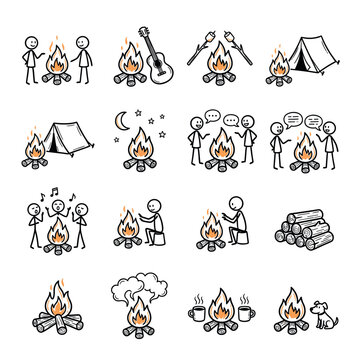 Campfire stick figures illustration set depicting various outdoor activities like camping, roasting marshmallows, singing, and talking around a warm fire.