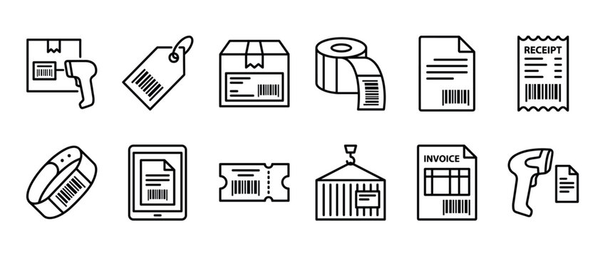 Collection of barcode and scanning related line icons representing inventory management, shipping, retail, and digital documentation processes.