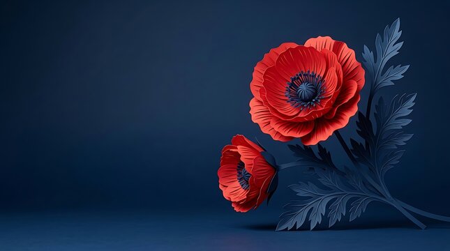 Red poppy flowers with blue leaves on dark blue background