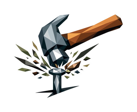 Low-poly vector illustration focused on hammer nail strike, angular construction hammer swinging downward toward a faceted nail,