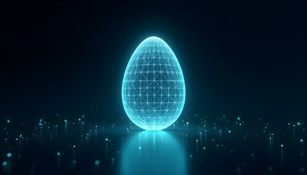 Glowing Cyan Wireframe Egg with Digital Data Particles in a Futuristic Dark Space
