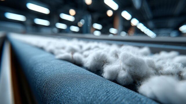 Manufacturing process with cotton fibers on conveyor belt in modern factory