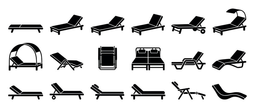 Lounge chairs, sunbeds, deck chairs, and recliners vector silhouette set for outdoor furniture design.