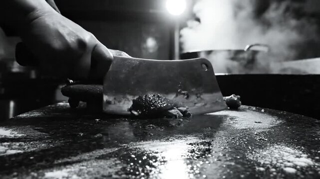 Black and white close up of a cleaver chopping up cooked chicken on a wet cutting board in a kitchen.