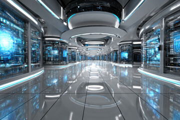 Fototapeta premium Futuristic Server Room Corridor with Glowing Lights