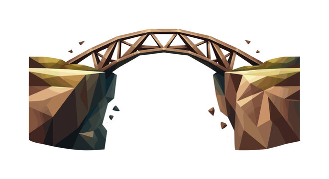 Geometric Bridge. Low-poly vector illustration of a geometric bridge spanning a wide gap as the central hero object, faceted