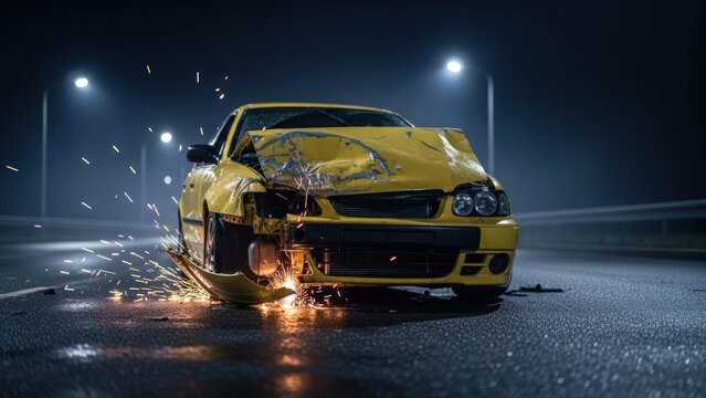 A yellow car shows extensive front-end damage after a collision at night, sparking