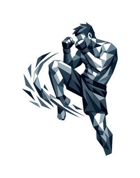 Dynamic low poly fighter performing a powerful knee strike with abstract motion effect