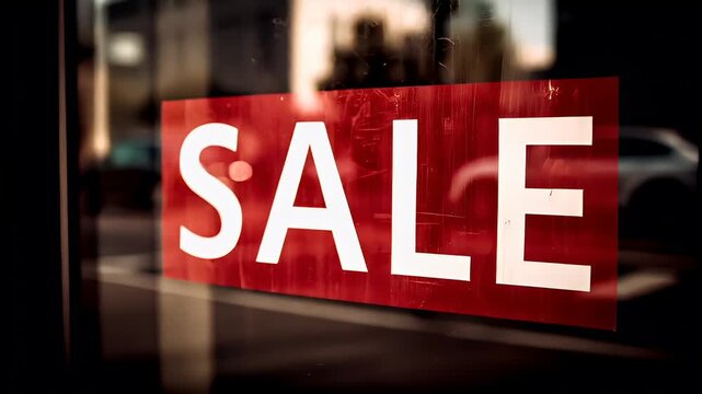 Retail promotion campaign advertisement. A closeup shot of a red rectangular sign with white capital letters spelling out SALE. The sign is set against a dark background.