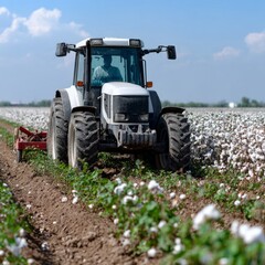 Fototapeta premium Tractor harvesting cotton on a sunny day in expansive field