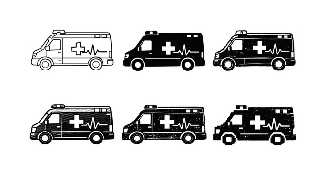 Ambulance Van Variants. Emergency ambulance van with roof light bar and medical markings, used to transport patients to the