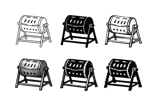 Rotating compost tumbler barrel on support frame, designed to aerate food scraps and speed up decomposition | Create ONE image