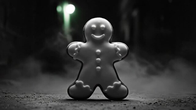 Spooky gingerbread man cookie smiling menacingly on dark street at night with eerie smoke
