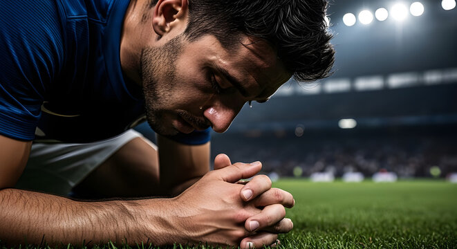 Soccer player kneeling emotional after match. Powerful moment of relief gratitude and intense feelings captured in sports scene with dramatic atmosphere.