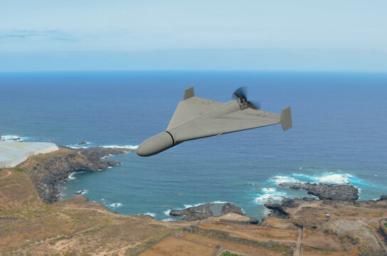 Iranian military drone flying over sea area and coastal zone