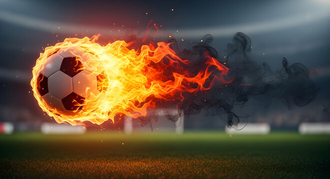 Soccer ball on fire in motion creating intense dynamic effect. High energy sports concept with speed power and dramatic flames in action scene.