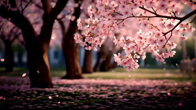 Spring season, garden park, flower, fresh, life. A serene depiction of a cherry blossom tree in full bloom. The delicate pink blossoms are suspended in midair, creating a sense of movement and beauty.