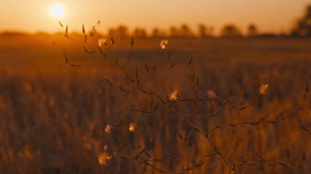 A vast harvested stubble field under a warm sunset sky. The sun is low on the horizon, illuminating dry grass, with a distant treeline silhouette. Peaceful rural landscape.