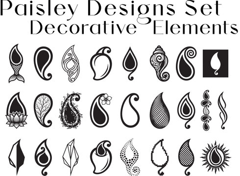 A collection of decorative paisley and floral-inspired vector elements in black and white, ideal for graphic design and ornamentation.