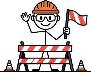 Fototapeta premium Construction worker stick figure waving hand and holding a red and white warning flag behind a safety barrier with traffic cones