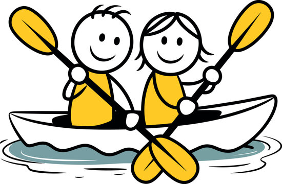 Happy cartoon couple kayaking on a lake