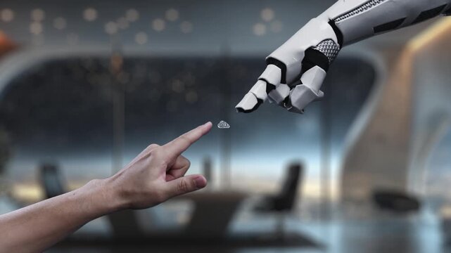 A robot hand interacts with cloud storage icons, symbolizing digital file management and data transfer in a modern office, highlighting technology and innovation. Auvana