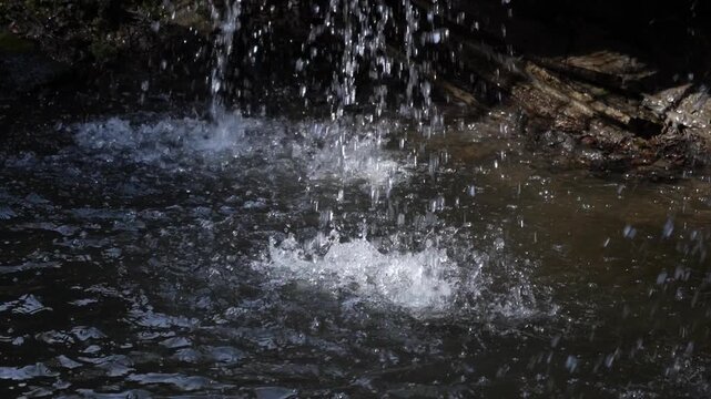 Water splashing of the waterfall of the small river. Slow motion video with copy space