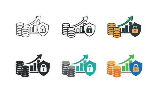 Financial stability icon showing a stack of coins, upward trending graphs, and secure financial symbols arranged to represent