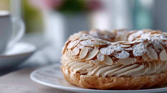 french pastry photography, detailed, stunning portrait of a classic paris-brest pastry with praline mousseline cream and sliced almond topping in a french caf setting
