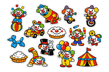 Fototapeta premium Colorful cartoon clown stickers with circus elements and balloon animals.