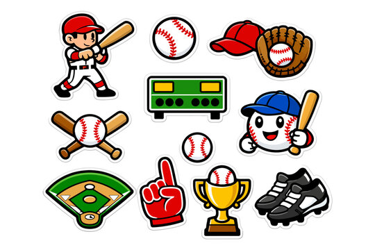 Cartoon baseball icons featuring players, equipment, and field elements.