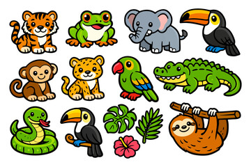 Obraz premium Cartoon jungle animals collection with tiger, elephant, parrot, and more.