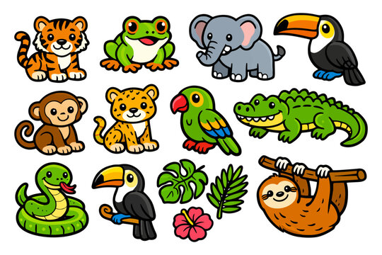 Cartoon jungle animals collection with tiger, elephant, parrot, and more.