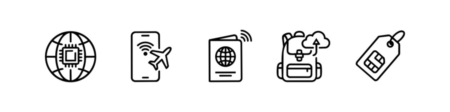 Global connectivity and travel technology icons with roaming smartphone, passport wifi and sim card