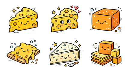 Fototapeta premium Cute cheese collection in colorful doodle cartoon style