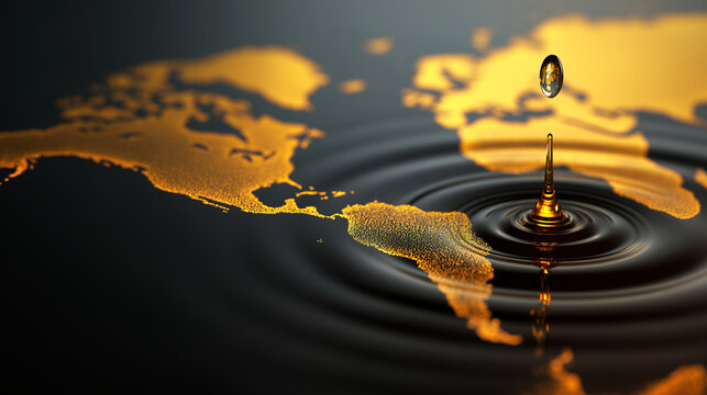 Golden oil drop falling onto a textured world map, generating splashes and ripples in a dark liquid, representing global energy resources and economic influence