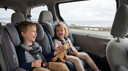 Naklejka premium Happy boy and girl sitting in child car seat during family road trip. Children secured in vehicle restraint system for travel safety. Automotive transportation and parenting concept.