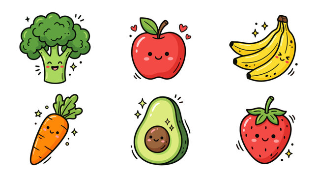 Colorful doodle healthy food icon set with cute fruits and vegetables
