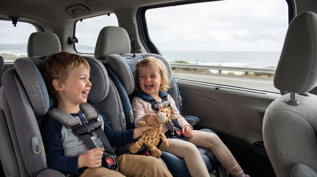 Happy boy and girl sitting in child car seat during family road trip. Children secured in vehicle restraint system for travel safety. Automotive transportation and parenting concept.