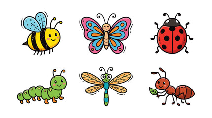 Obraz premium Colorful doodle insect character set with cute cartoon bugs