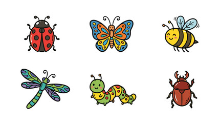 Obraz premium Colorful doodle insect character set with cute cartoon bugs