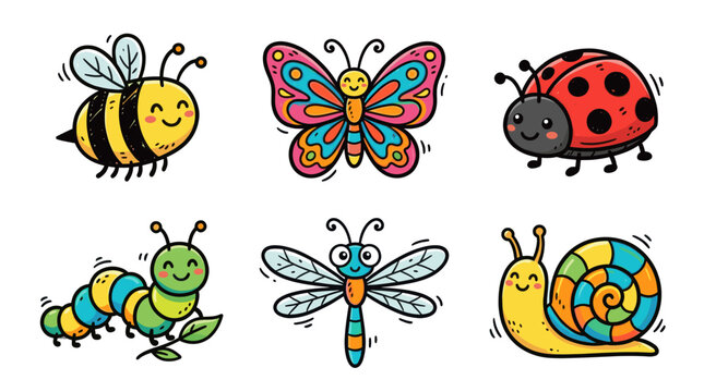 Colorful doodle insect character set with cute cartoon bugs