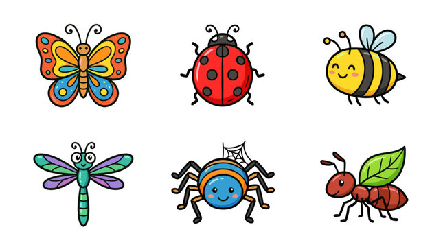 Colorful doodle insect character set with cute cartoon bugs