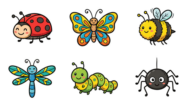 Colorful doodle insect character set with cute cartoon bugs