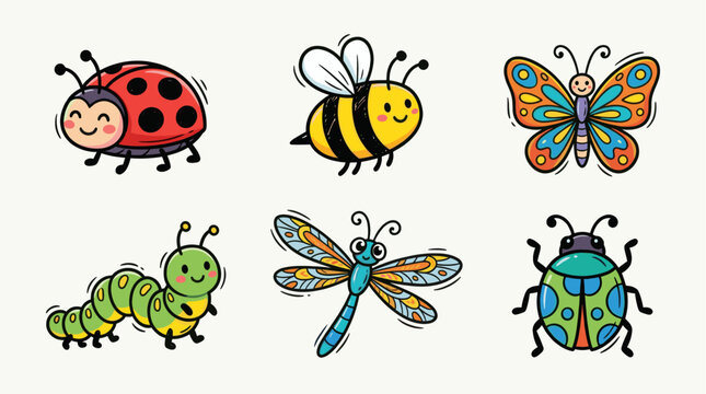 Colorful doodle insect character set with cute cartoon bugs